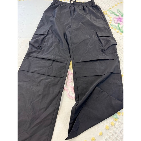 Shein Women's Black Cargo Pants Wide M Leg High Waist Drawstring Casual Trousers - Picture 7 of 9